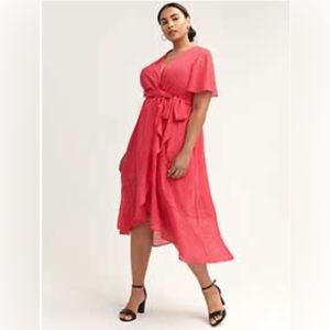 High Low Faux Wrap Dress with Flutter Sleeves